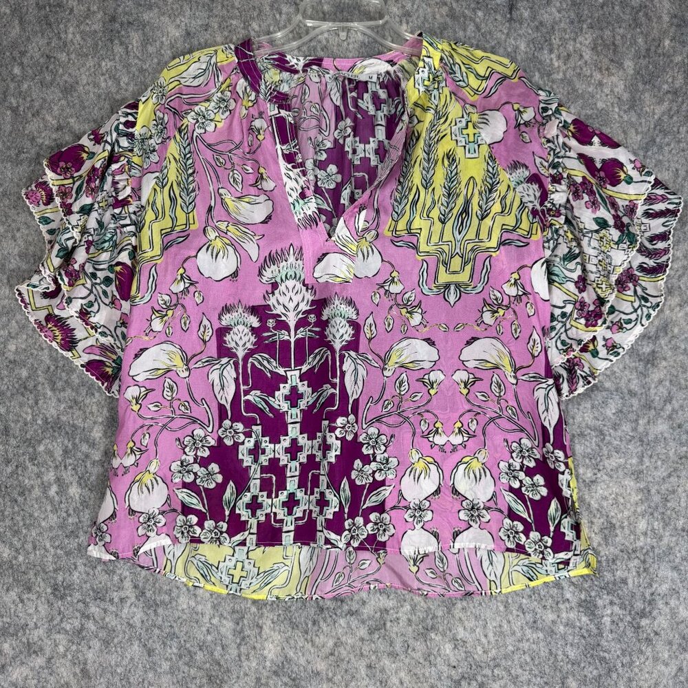 Mariacher PInk Luli Blouse 100% Silk Floral Short Sleeve Ruffled V Neck Sz M - Picture 5 of 13